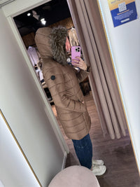 Lang Dunjakke Camel m. Fuskpels