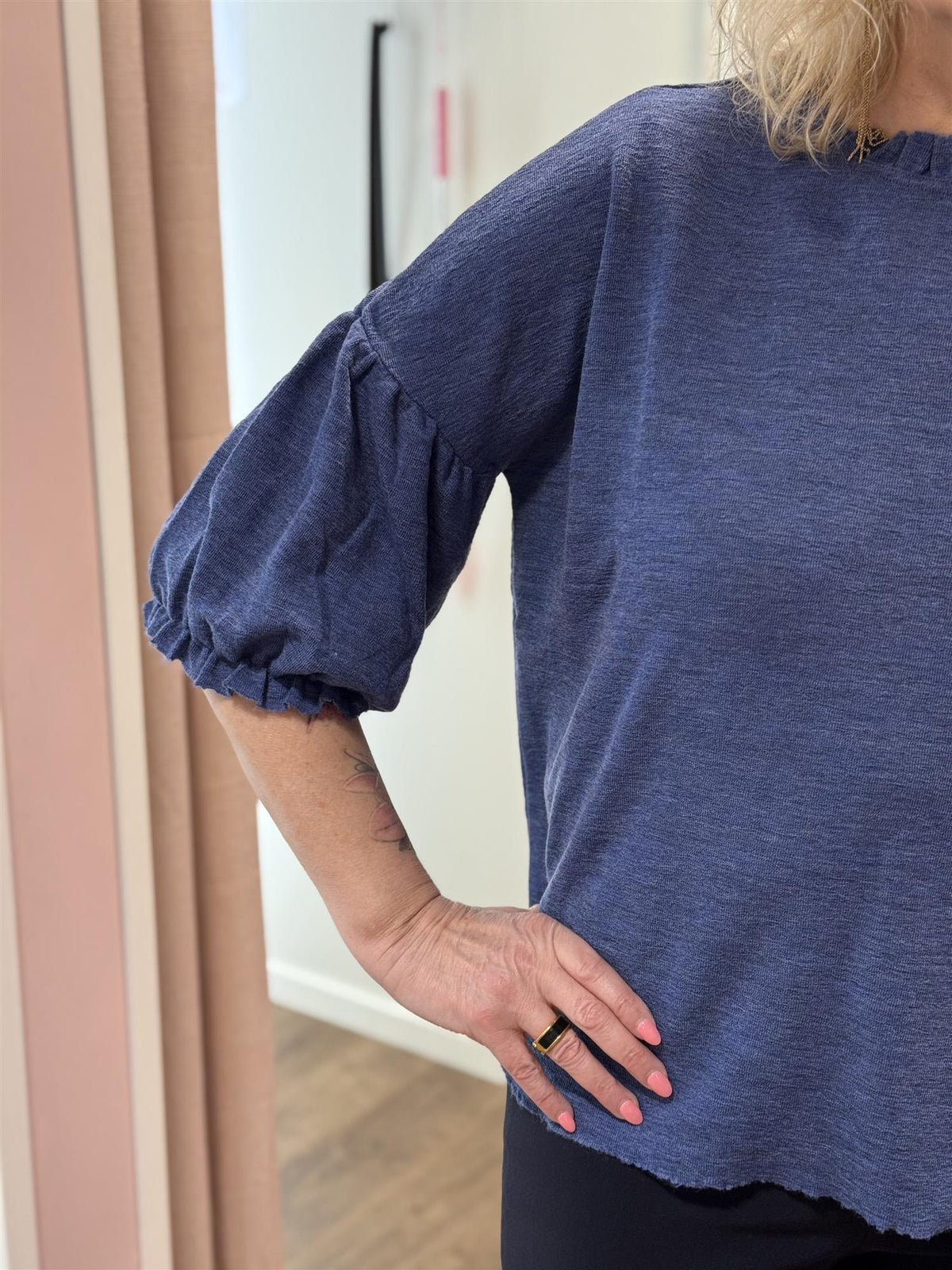 Shirt Wide Ruffle Neck 3/4 Indigo Melange