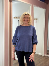 Shirt Wide Ruffle Neck 3/4 Indigo Melange