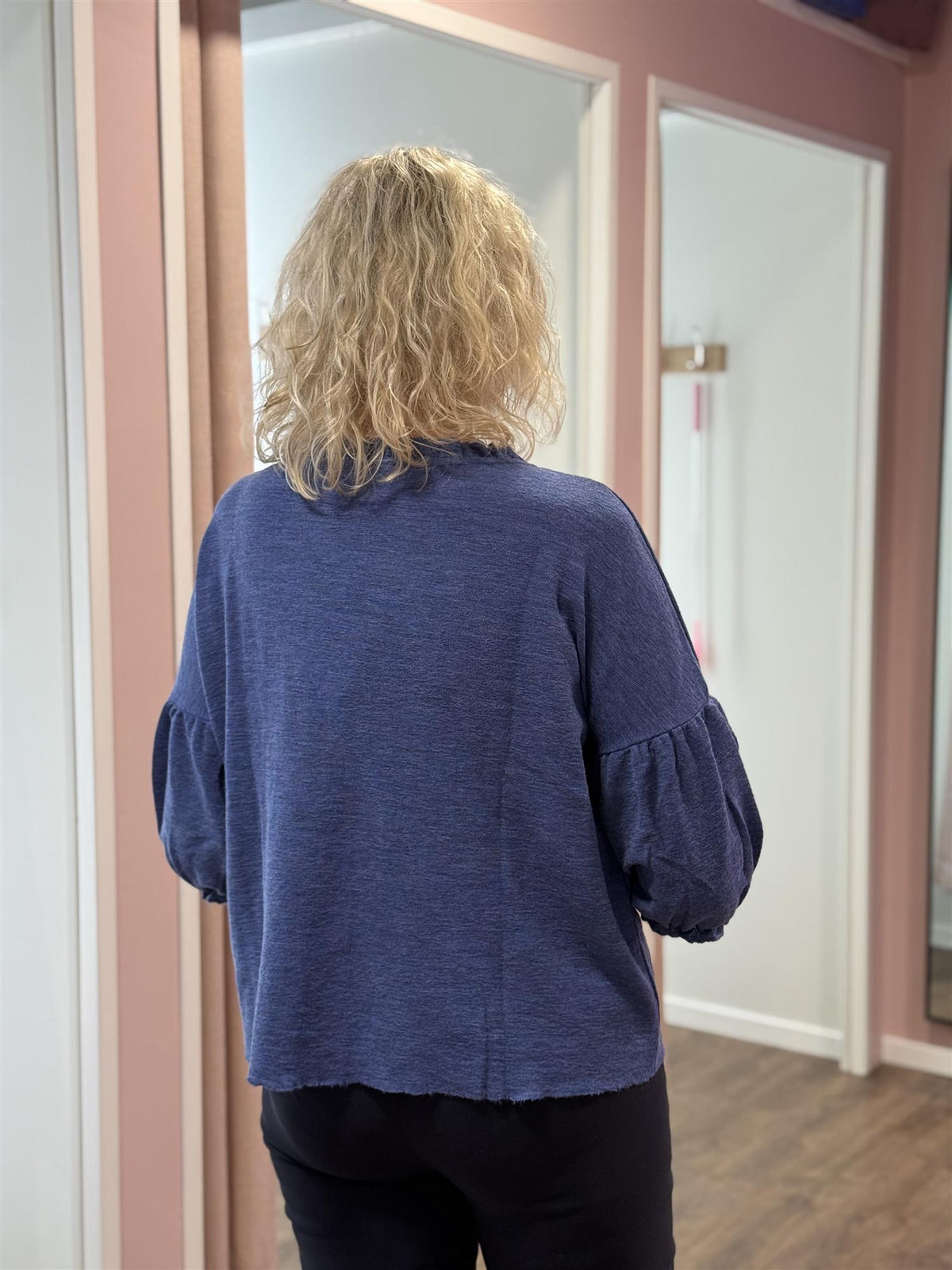 Shirt Wide Ruffle Neck 3/4 Indigo Melange