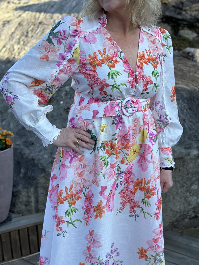 Kjole Lang Hvit med Blomster