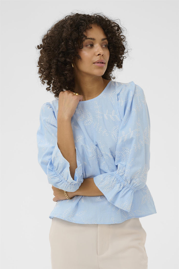 KAmarlee Blouse White Blue Embr