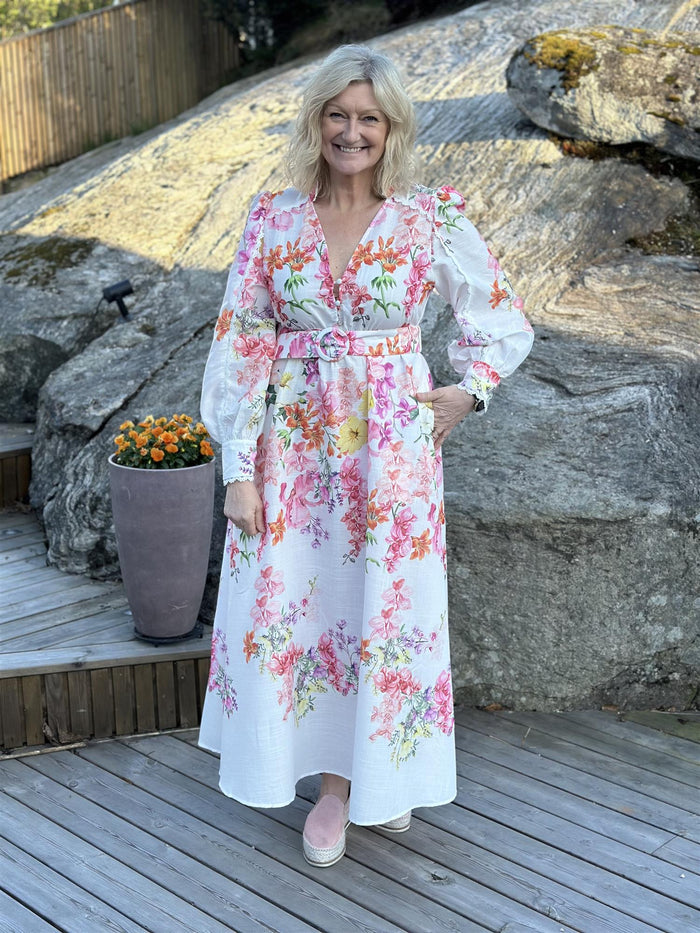 Kjole Lang Hvit med Blomster
