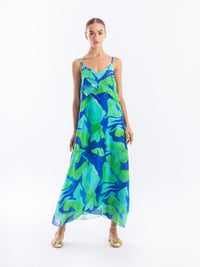Printed Linen Blend Dress Blue/Green