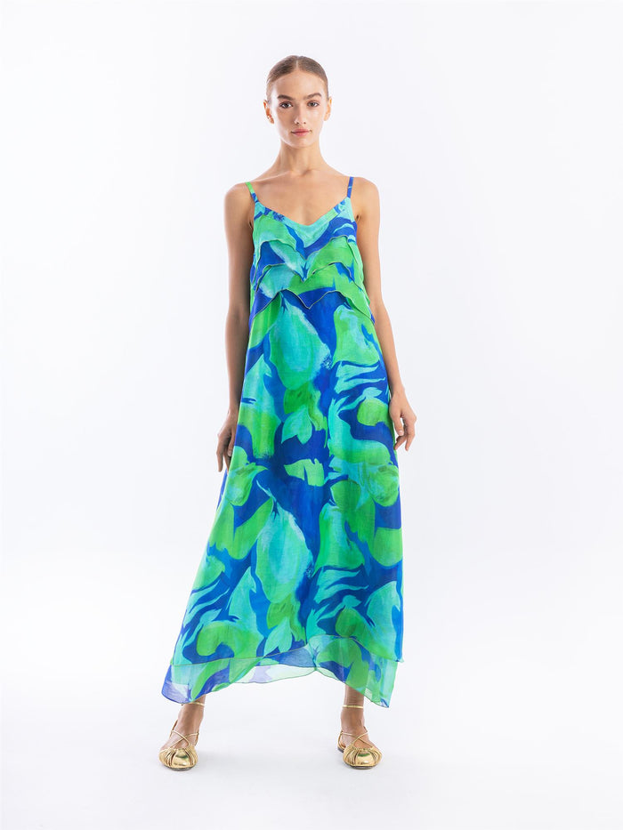 Printed Linen Blend Dress Blue/Green