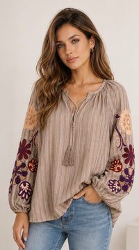 Boheme Shirt Embrodery & Stripes - Marron