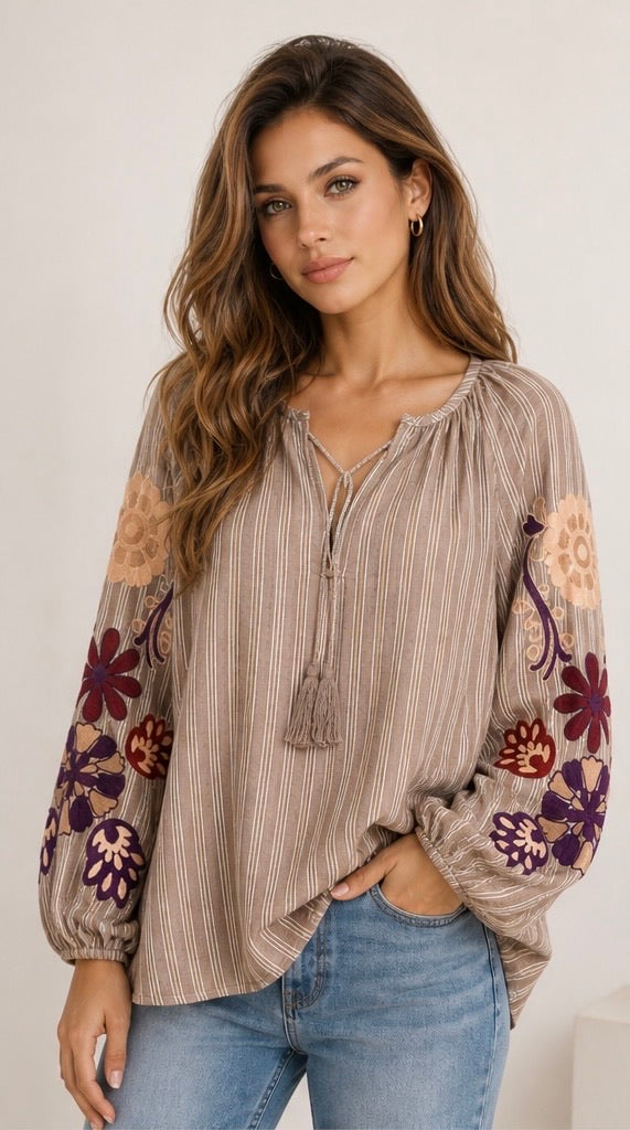 Boheme Shirt Embrodery & Stripes - Marron