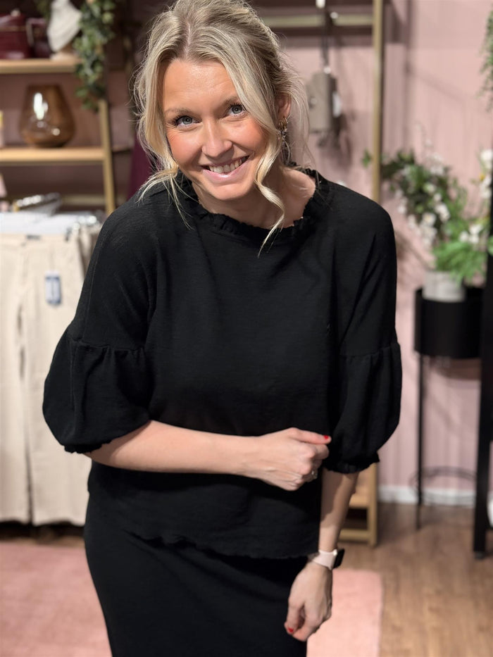 Shirt Wide Ruffle Neck 3/4 Black