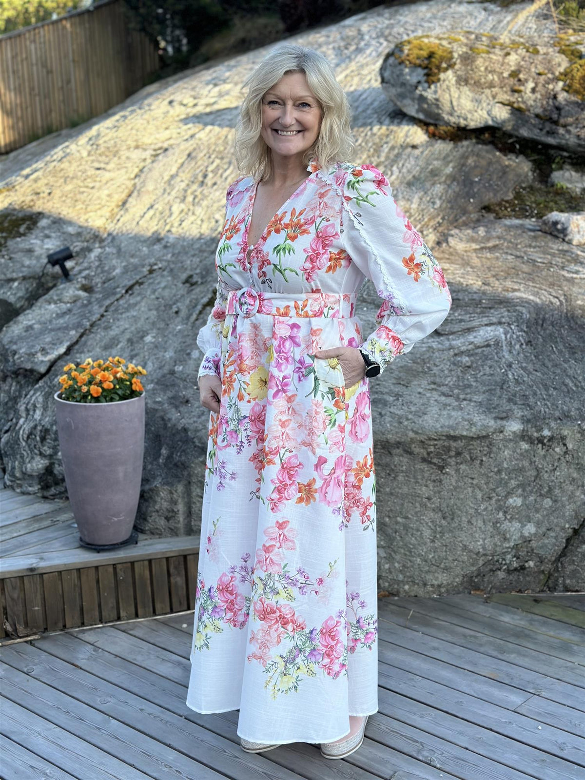 Kjole Lang Hvit med Blomster