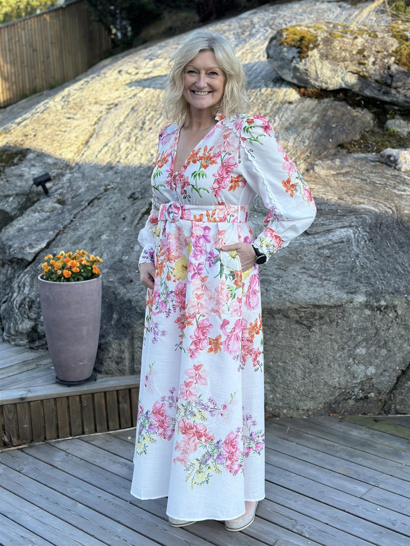 Kjole Lang Hvit med Blomster