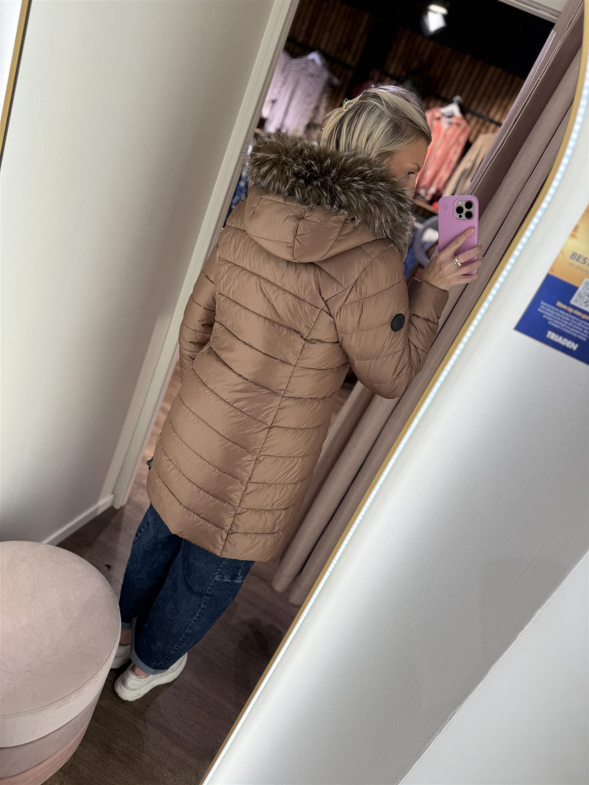 Lang Dunjakke Camel m. Fuskpels