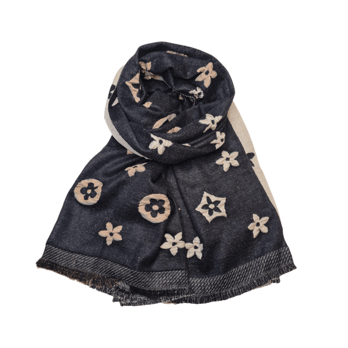 Skjerf Sort Blomst Frynser