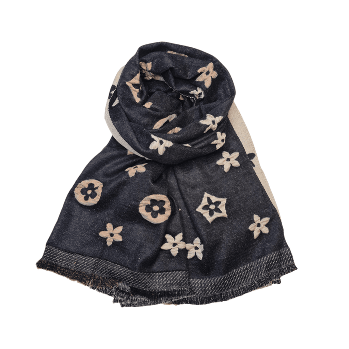 Skjerf Sort Blomst Frynser