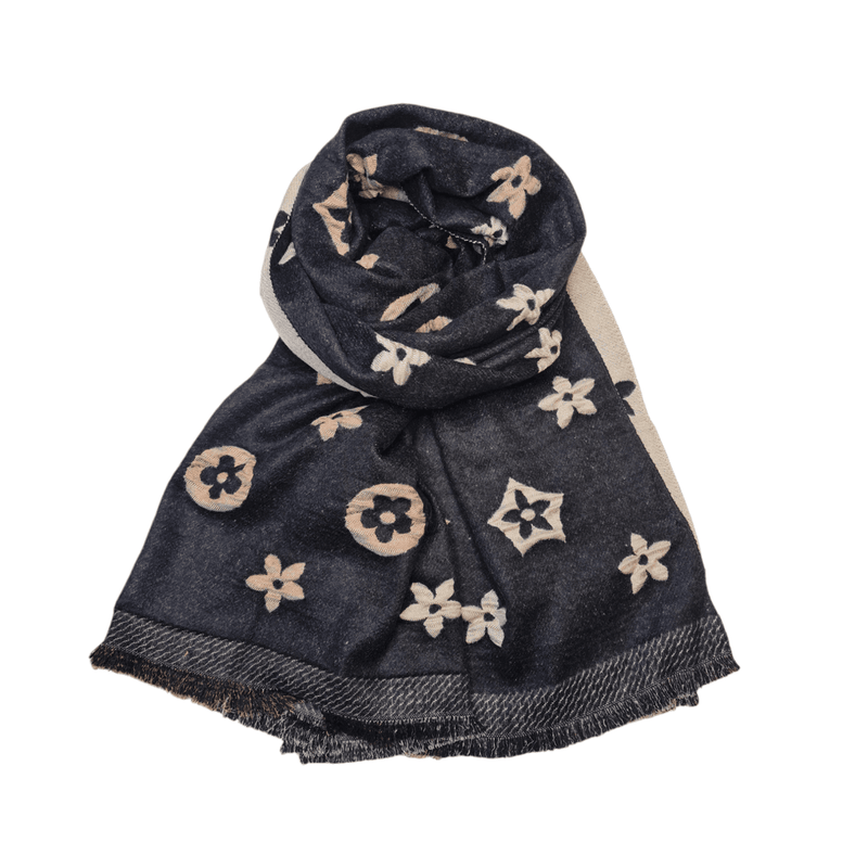 Skjerf Sort Blomst Frynser