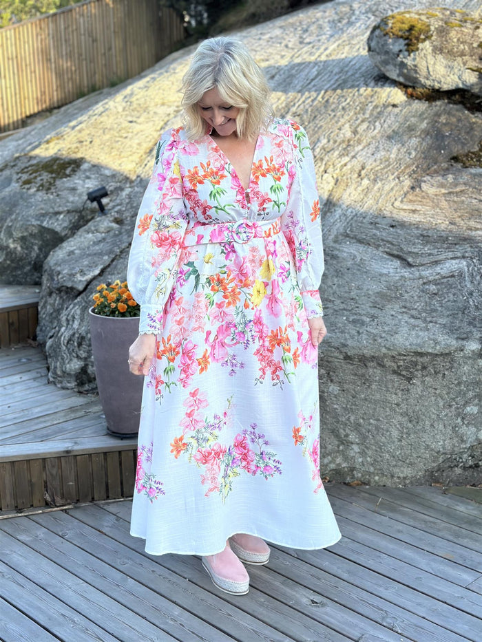 Kjole Lang Hvit med Blomster