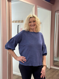 Shirt Wide Ruffle Neck 3/4 Indigo Melange