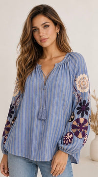 Boheme Shirt Embrodery & Stripes - Blue
