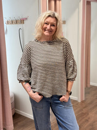 Shirt Wide Ruffle Neck 3/4 White/Earth Melange Stripe