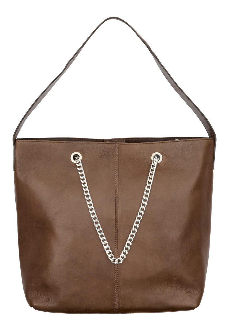 Leather Tote w. Chain Top Handles Chocolate