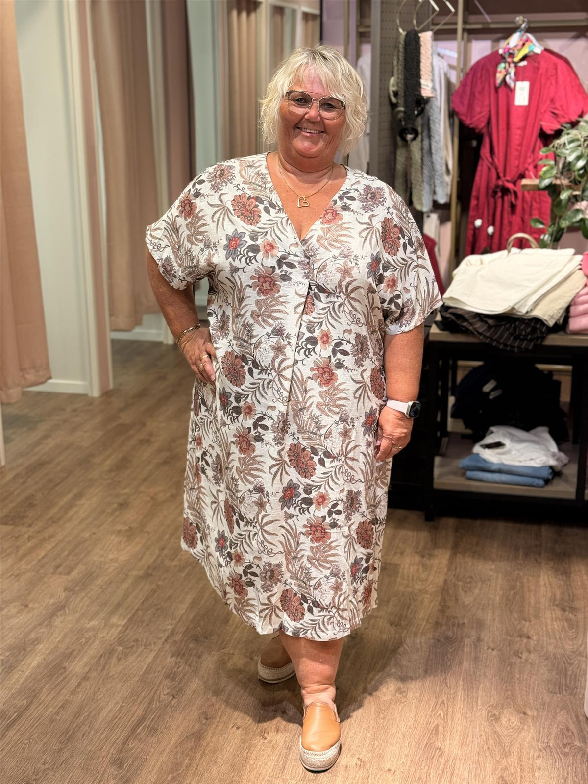 Printed Linen Blend Curve Dress Garden