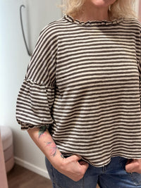 Shirt Wide Ruffle Neck 3/4 White/Earth Melange Stripe