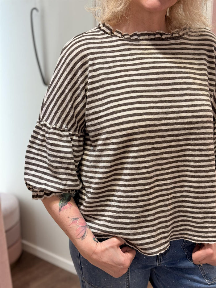 Shirt Wide Ruffle Neck 3/4 White/Earth Melange Stripe