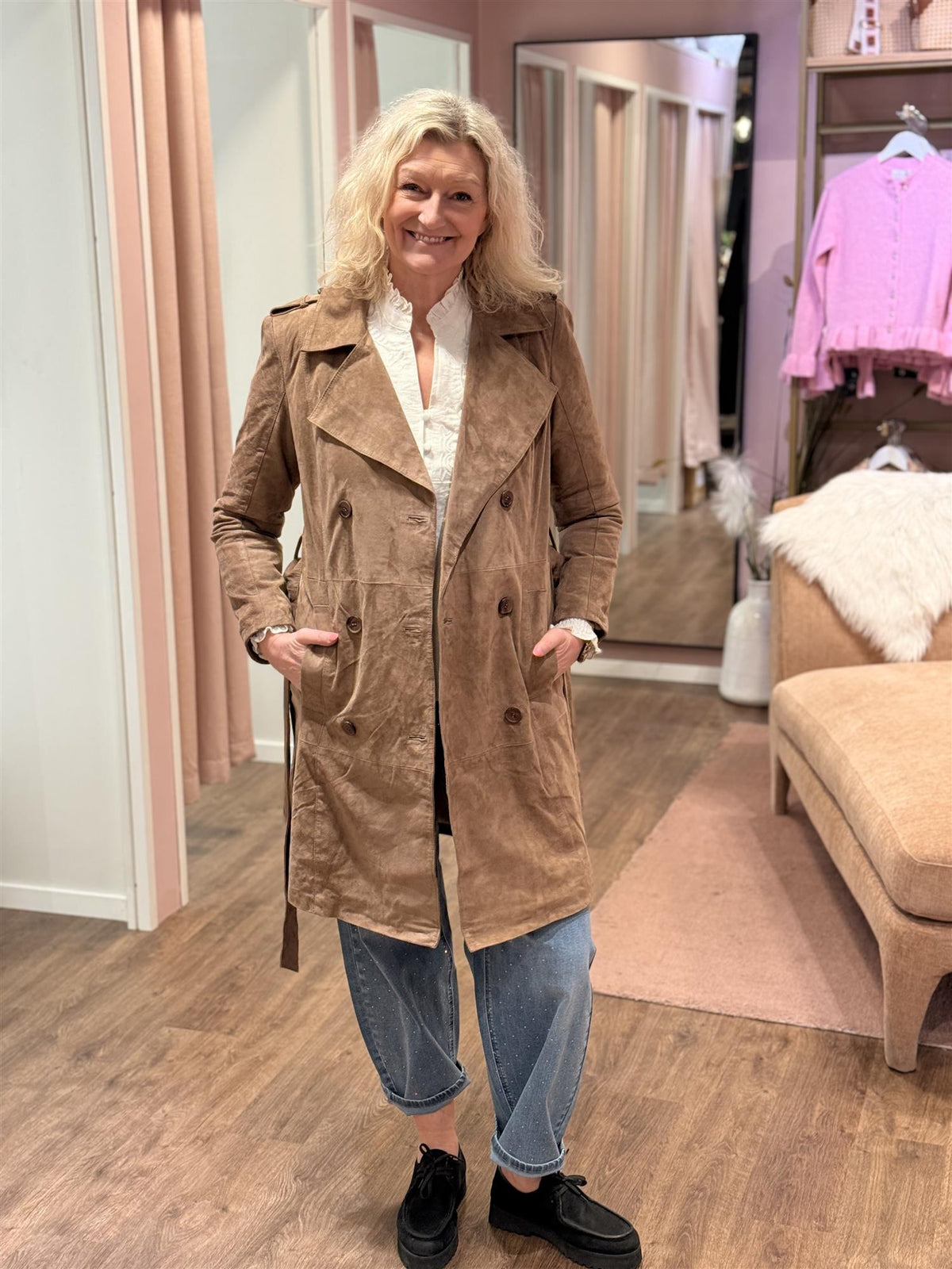 YVETTE Suede Trenchcoat Nude Brown