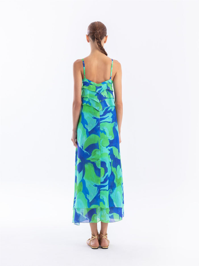 Printed Linen Blend Dress Blue/Green