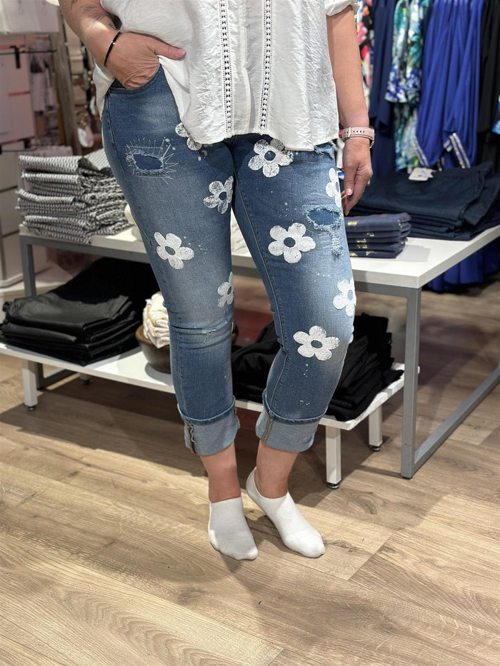 Jeans White Flower Denim