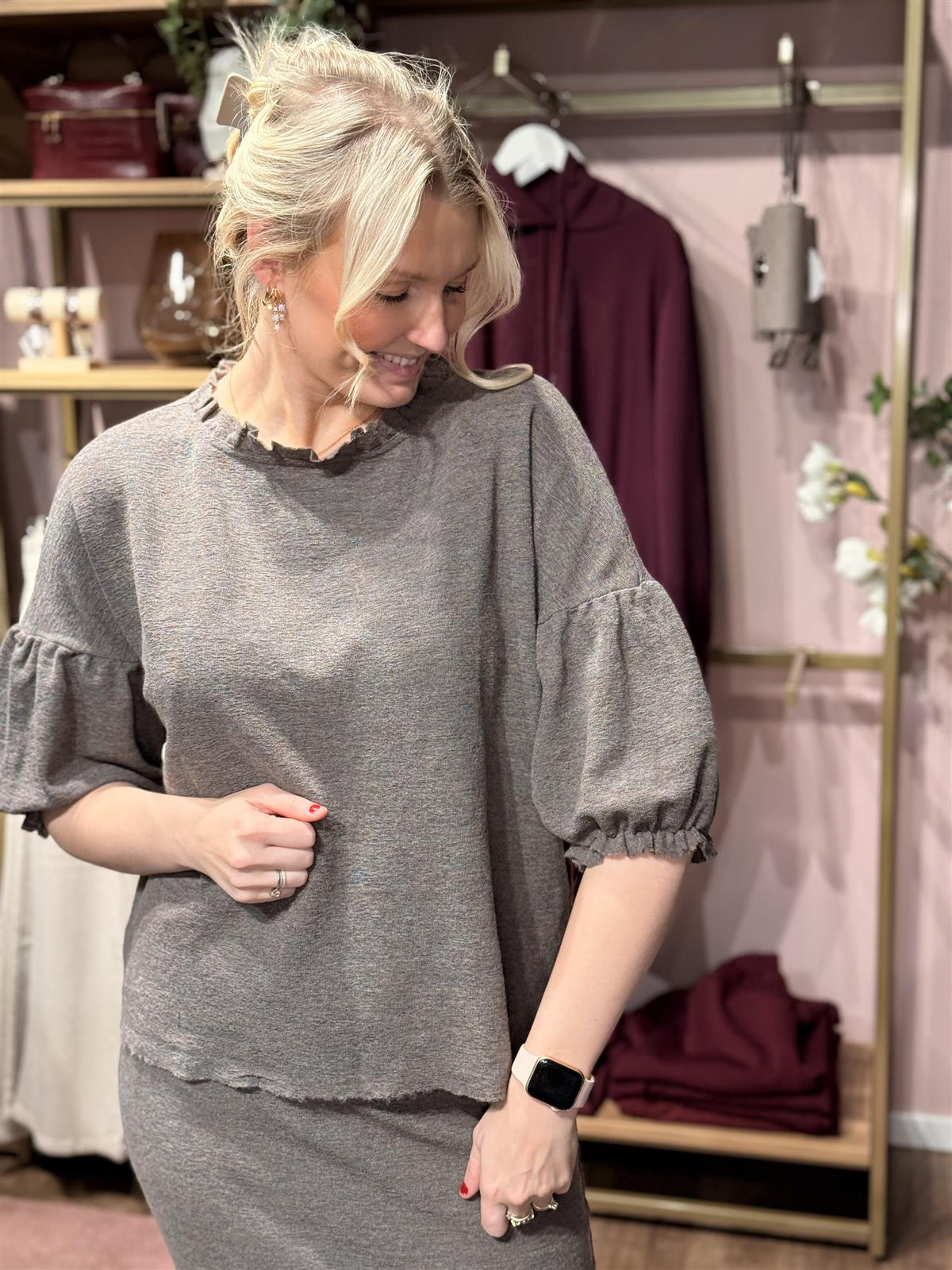 Shirt Wide Ruffle Neck 3/4 Earth Melange