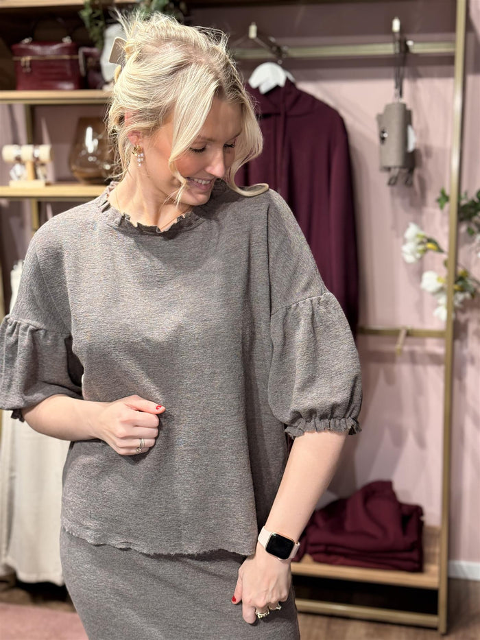 Shirt Wide Ruffle Neck 3/4 Earth Melange