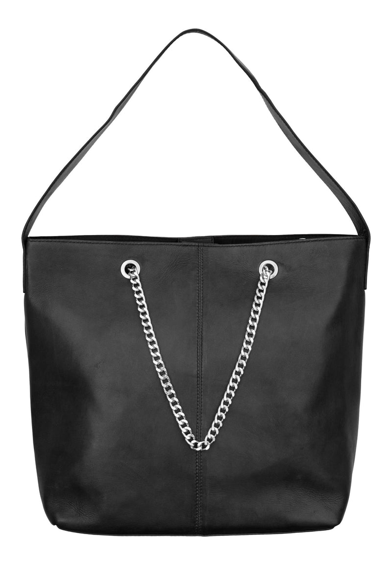 Leather Tote w. Chain Top Handles Black