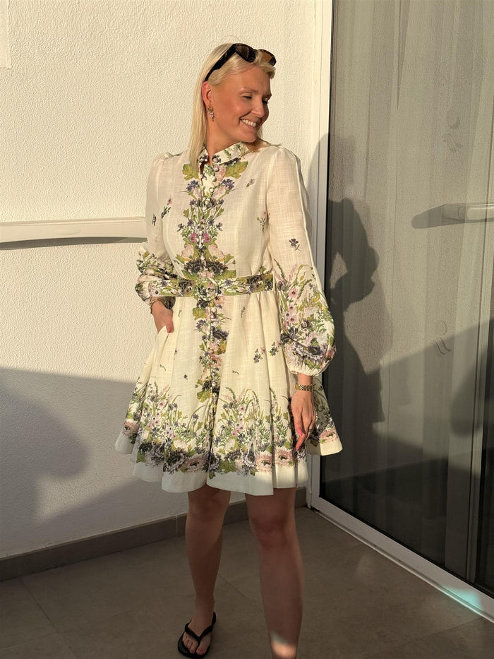 Kjole Kort Blomster Ecru