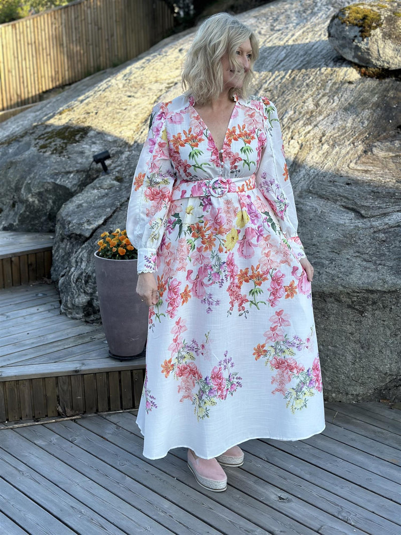 Kjole Lang Hvit med Blomster