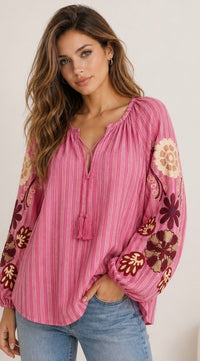 Boheme Shirt Embrodery & Stripes - Berry